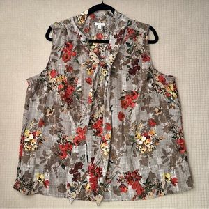 Talbots Summer Floral Print Sleeveless Satin Blouse Top Womens Size 2X Brown Tie